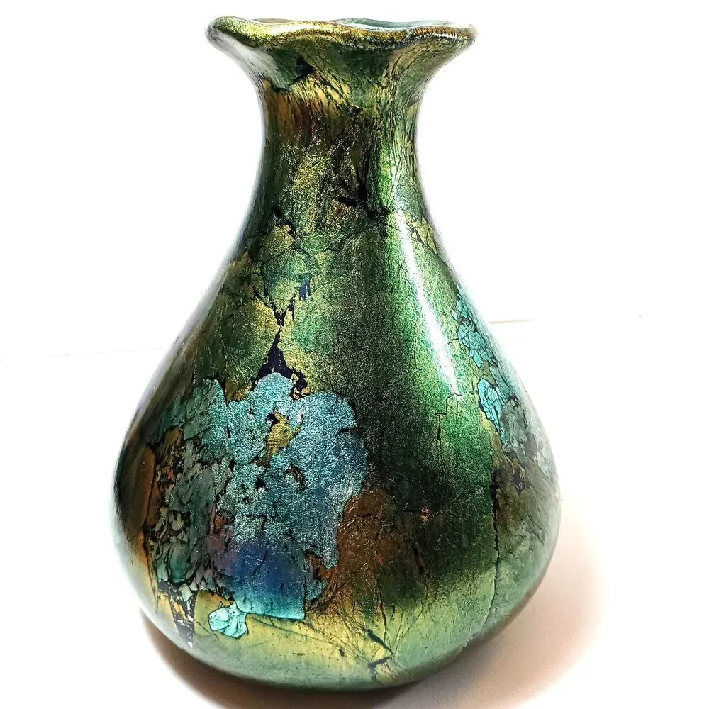 Rustic Metallic Gold Green Agate Effect Glass Pear Vase 10.5
